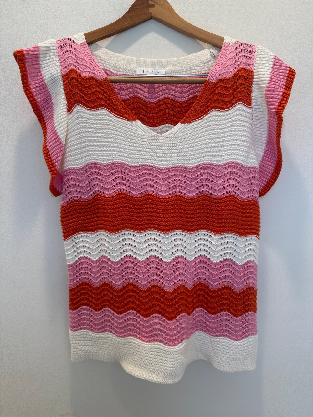 THML Striped Knit V-Neck Sweater Tank in Pink, Red & White